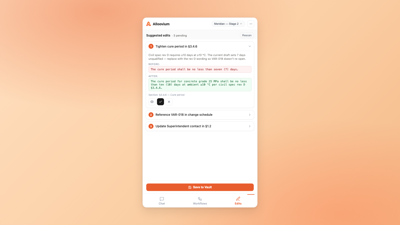 Edits panel with one suggestion expanded showing before/after diff and Save to Vault footer