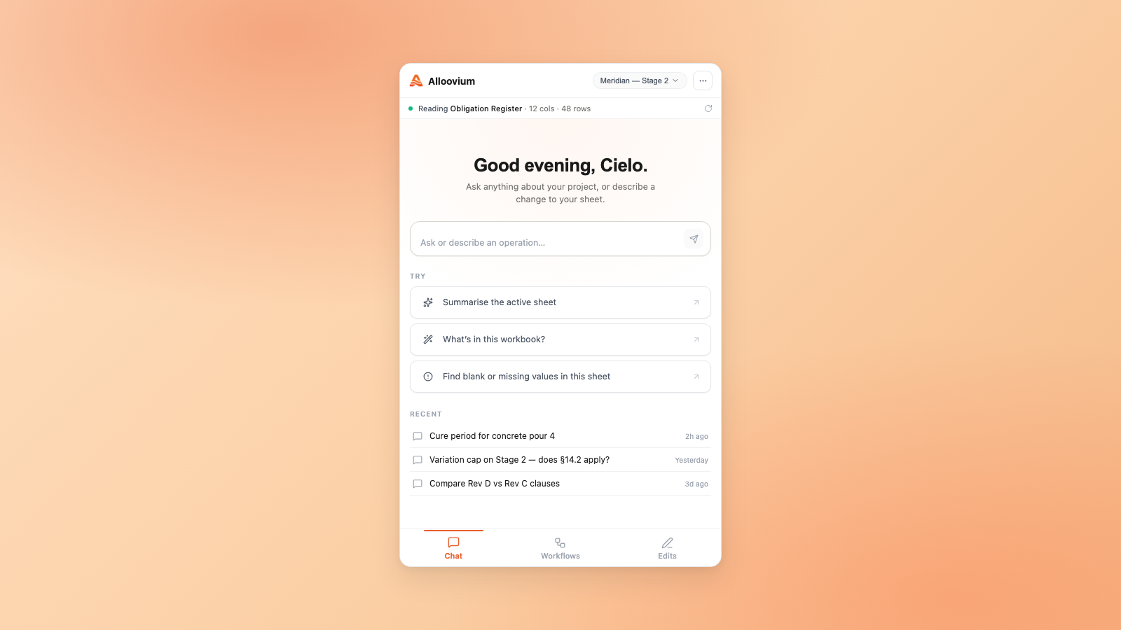Alloovium task pane in Excel — Chat tab with greeting, suggestion pills, and recent conversations