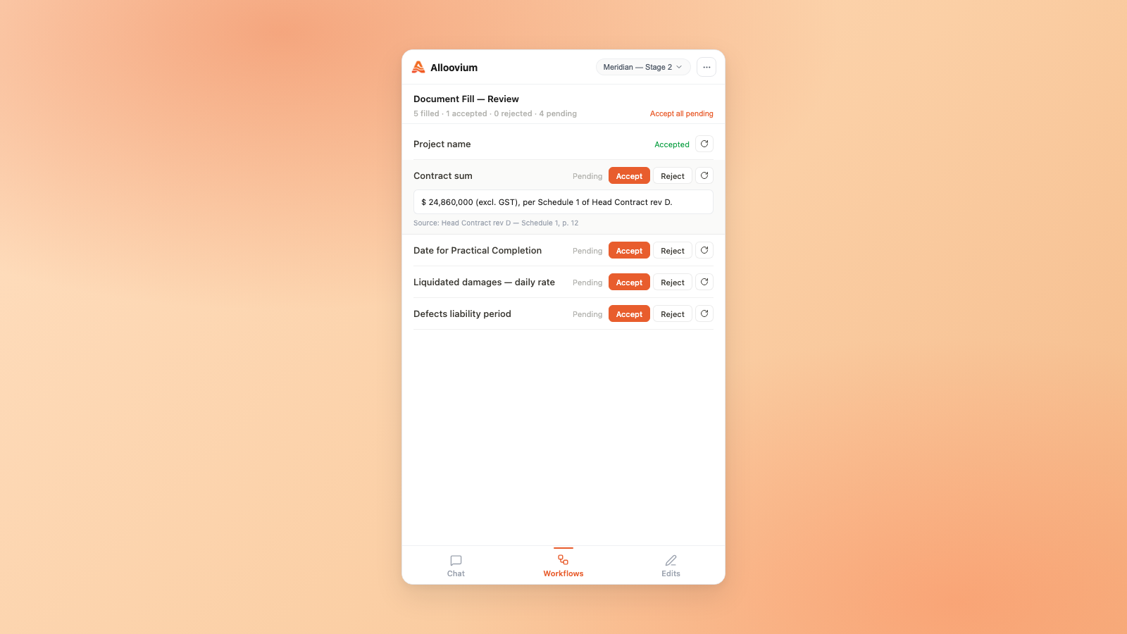 FillReview pane — five filled sections with one expanded showing generated value and source citation