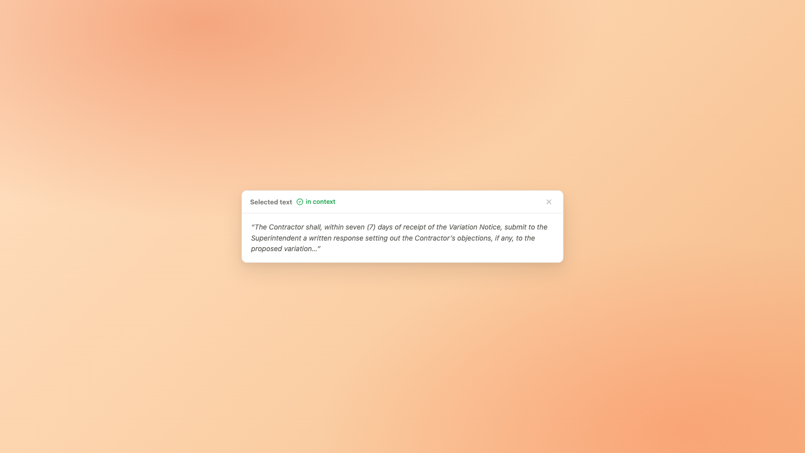 HighlightAsk card showing a selected contract passage held as context