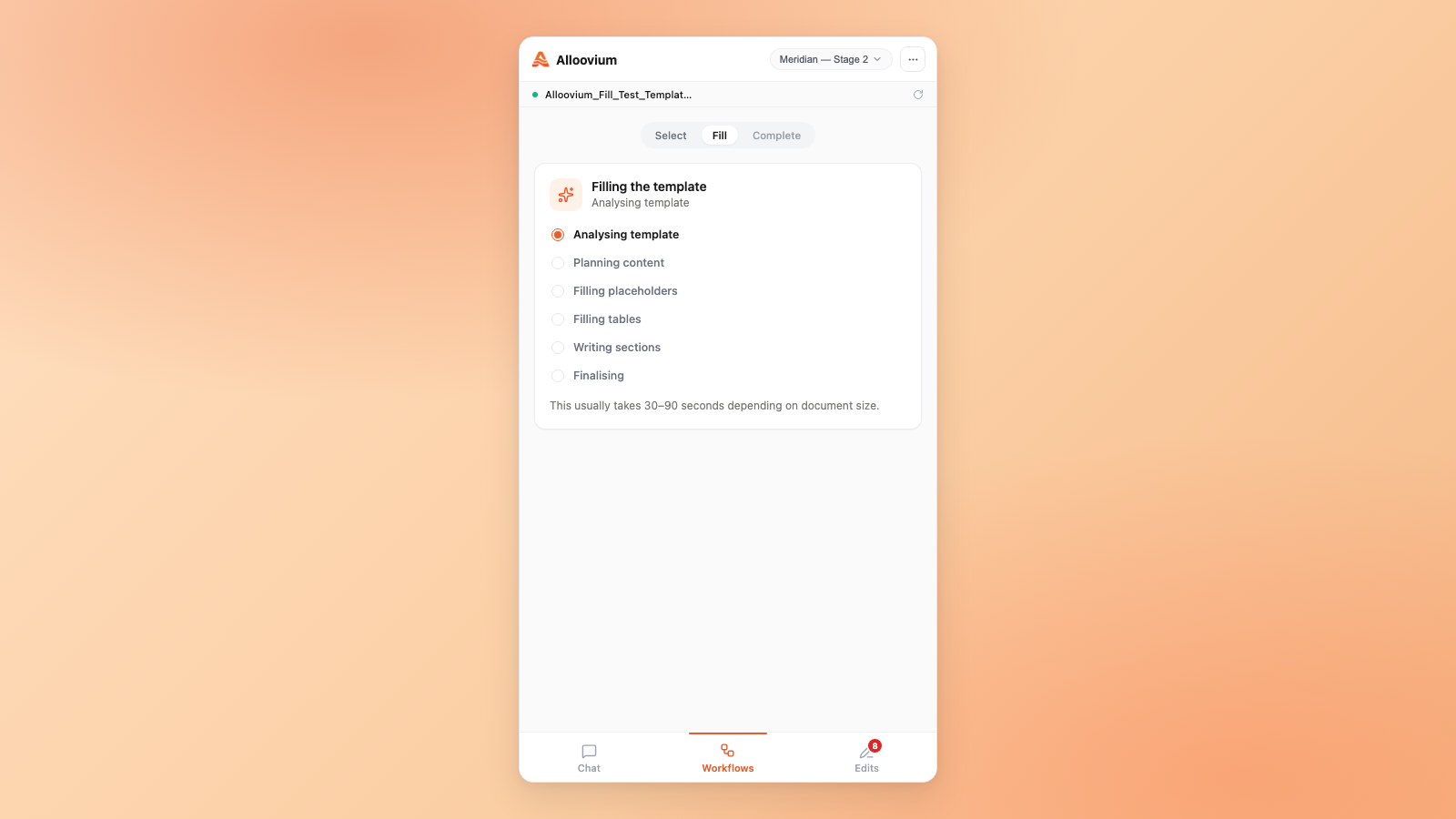 Document Fill — Fill step showing Sparkles card with Analysing template subtitle and stage list