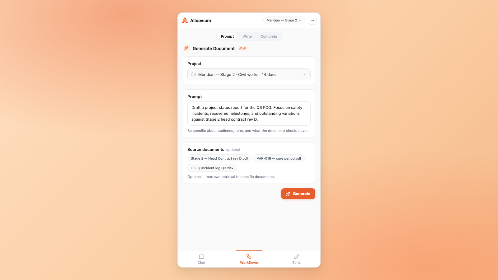 Generate Document — Prompt step with project, prompt, source documents fields and orange Generate CTA