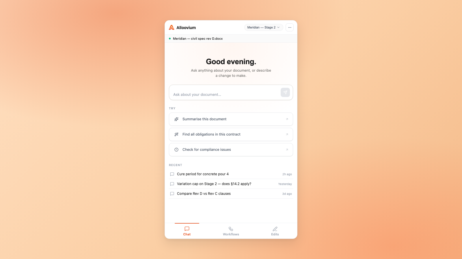 Alloovium task pane in Word — Chat tab with greeting, document-type chip, and four quick-action cards